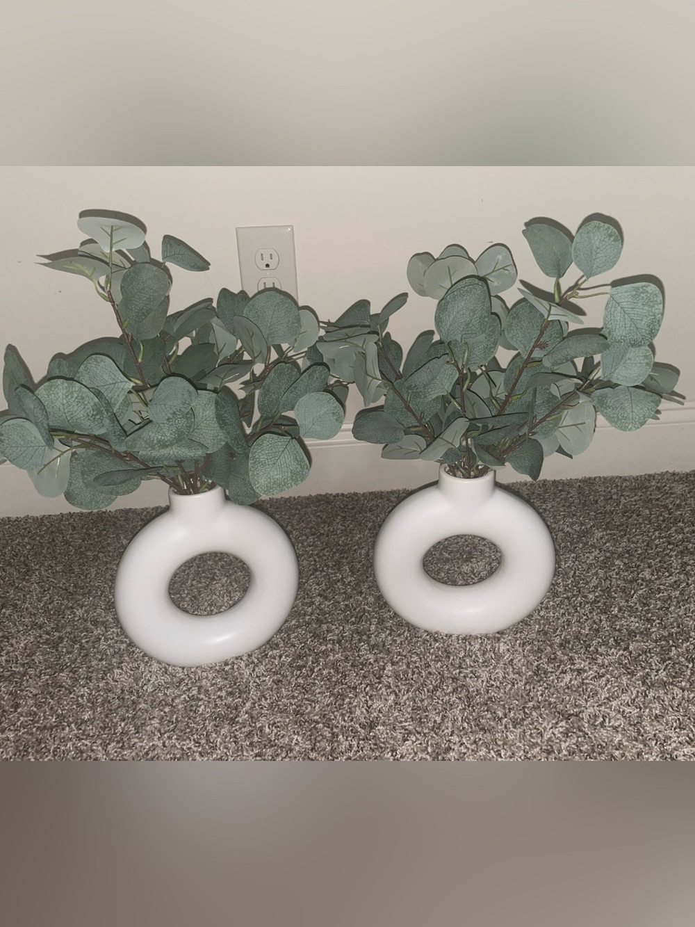 Modern White Ceramic Donut Vase with Faux Greenery - Pair